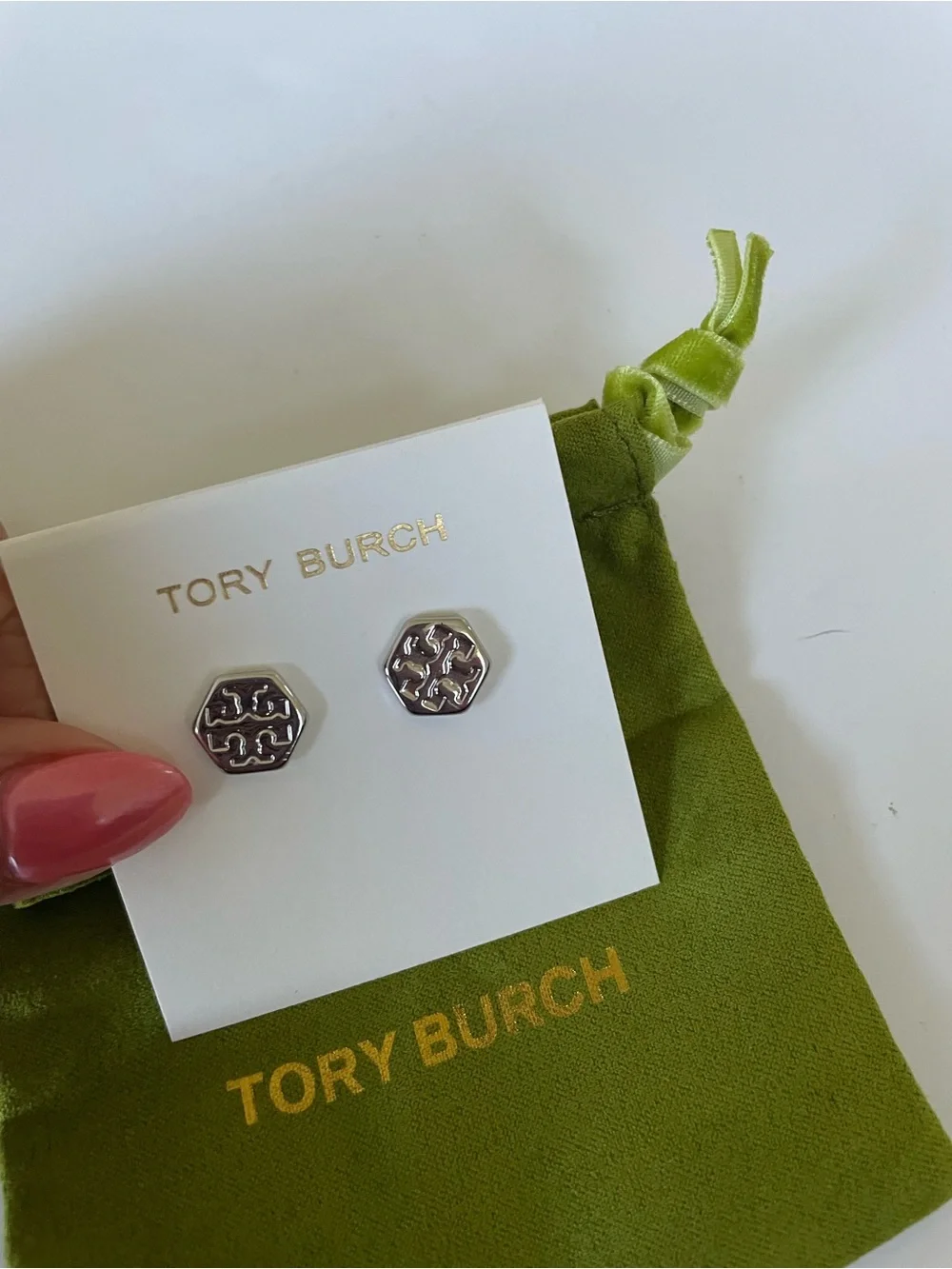 Tory Burch Silver Hexagon Logo Stud Earrings